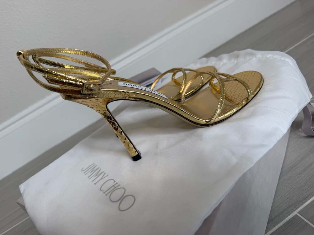 Jimmy Choo Leo 100 Gold Candy Wrap Leather Heels Sandals EU 38 US 8 - Picture 7 of 10